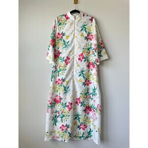 Vintage 1970s Evelyn Pearson Floral Hostess Dress Pink Lily Print Maxi Size L